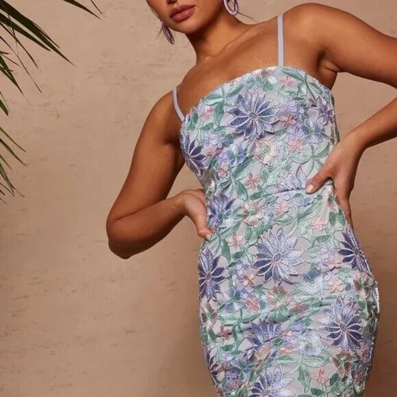 Chi Chi London Crochet Cami Bodycon Midi Dress in Blue - Picture 4 of 5